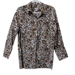 Chico's animal leopard print button front blouse no iron collar tunic 2 12/14